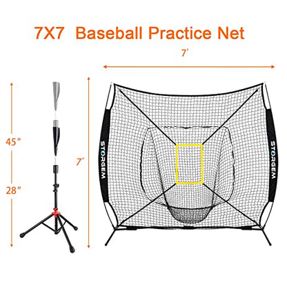 Storgem Baseball and Softball Practice Net 7×7ft Portable Hitting Pitching Batting Training Net Baseball Backstop Net with Batting Tee and Strike Zone and Bow Frame - color: Black Pro