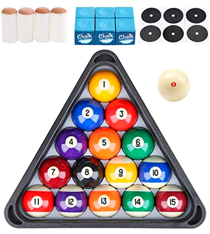 JAPER BEES Billiard Pool Balls with Triangle Ball Rack, Cue Chalks, Table Spot Stickers & Tip Replacements - Pool Table Accessories