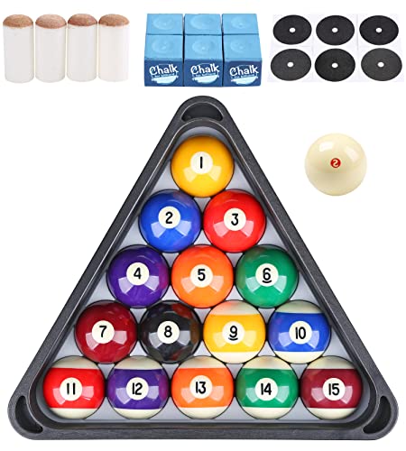 JAPER BEES Billiard Pool Balls with Triangle Ball Rack, Cue Chalks, Table Spot Stickers & Tip Replacements - Pool Table Accessories