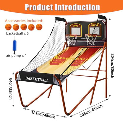 Foldable Electronic Scoring Basketball Shooting Machine, Arcade Basketball Game Machine, Two-Player Basketball Shooting Machine,2 Hoops + 5 Basketballs,LED Scoreboard,4-Button Operation, 8 Modes