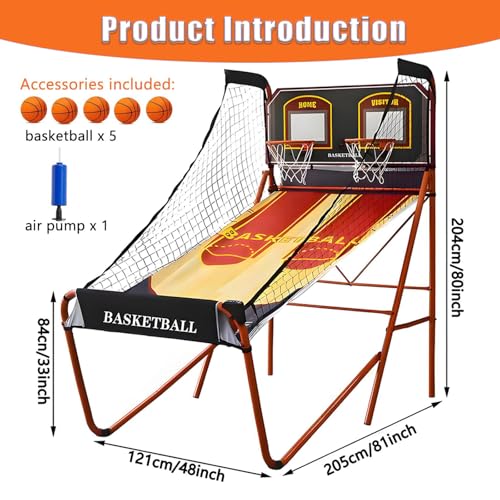 Double Hoop Arcade Game Machine, Electronic Basketball Machine, Basketball Shooting Machine, Foldable Indoor Model, LED Scoring, Steel Frame Material, Includes Air Pump, 8 Modes