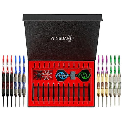 WINSDART Darts Metal Tip Set Professional Metal Darts for Dartboard Steel Tip Darts with Nonslip Iron Barrel Aluminum Dart Shafts,Extra Flights,Dart Sharpener,Gift Box - style: Flame Laser Darts Set