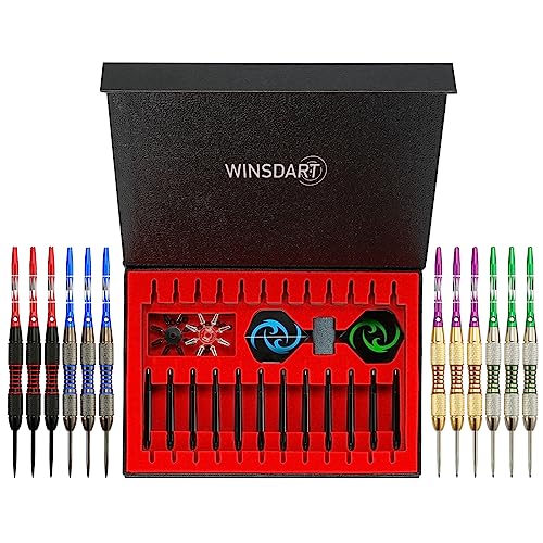 WINSDART Darts Metal Tip Set Professional Metal Darts for Dartboard Steel Tip Darts with Nonslip Iron Barrel Aluminum Dart Shafts,Extra Flights,Dart Sharpener,Gift Box - style: Flame Laser Darts Set