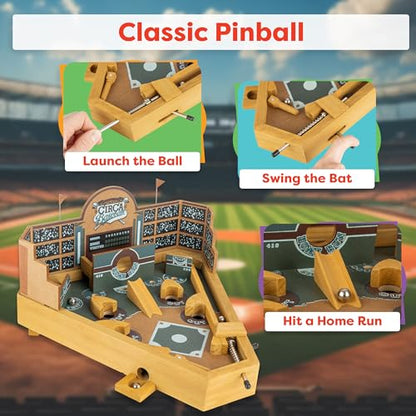 HEY! PLAY! 12-HY2070 Baseball Pinball Tabletop Skill Game - Classic Miniature Wooden Retro Sports Arcade Desktop Toy for Adult Collectors and Children