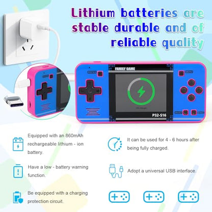 Handheld Game for Kids ，Built-in 220 32-bit Video Games, 3.0” IPS Screen, Rechargeable Portable Game , Travel Mini Arcade Electronic Toys Gift for Boys and Girls (Pink+Blue) - color: Pink+blue