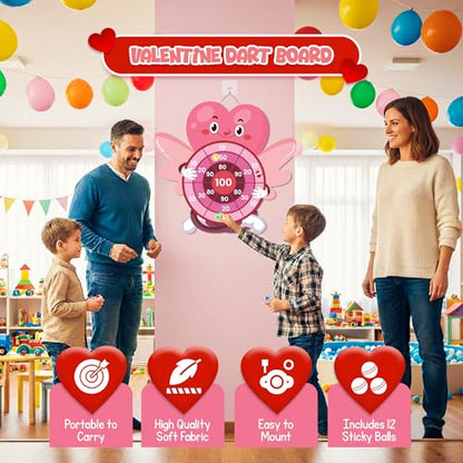 4E's Novelty Valentine Dart Board Game with 12 Sticky Balls - 30" Large Heart Kids Dart Board Indoor/Outdoor, School Valentine's Day Games for Kids Classroom Party Adult