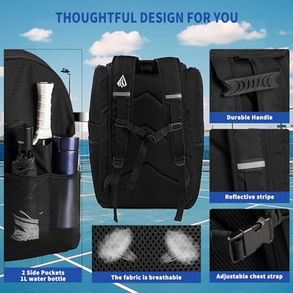 Pro 52L Pickleball Bag with Padded Paddle Protection Fits 6-10 Paddles,Ventilated Shoe Compartment,Wet Dry Separation,Hidden Ball Net,Designed for 2 Players Family and Couples - color: Black