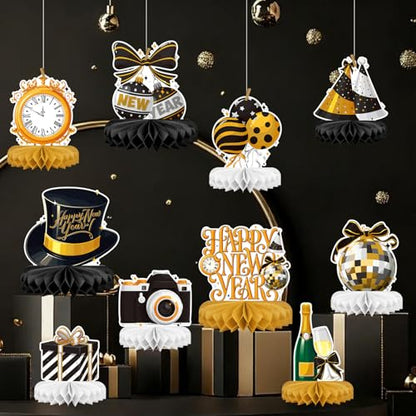 Happy New Year Party Decorations Bundle - Includes New Years Eve Honeycomb Centerpieces ，New Year Table Toppers, for Classroom Decor, New Year & Birthday Party Supplies - style: New Year