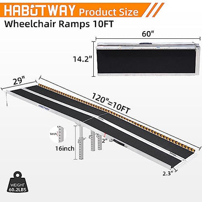 HABUTWAY 10ft Wheelchair Ramp, Portable Wheelchair Ramp with Support Legs, Double Non-Skid Ramps Hold Up to 800Lbs, Threshold Ramps for Home,Stairs, Curbs,Steps,Doorway - size: 10 FT Using height 10-30"