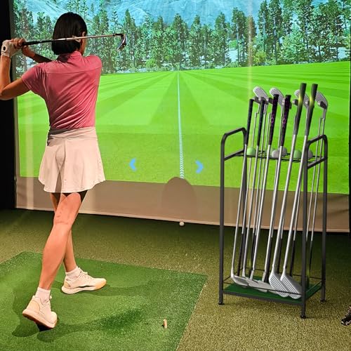 Golf Club Holder Stand Metal Golf Club Rack for 33 Clubs & Golf Balls, Golf Ball Holder Display with Artificial Turf Mat, Floor Standing Golf Storage Organizer for Home Garage Indoor Simulator
