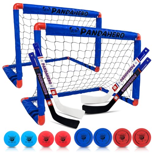 Pandahero Mini Hockey Net Set for Kids – Indoor Knee Floor Hockey Kit with 2 Goals - 27.5" x 18.3", 4 Mini Sticks & 8 Soft Foam Balls and Pucks – Indoor Toy Set for Boys & Girls