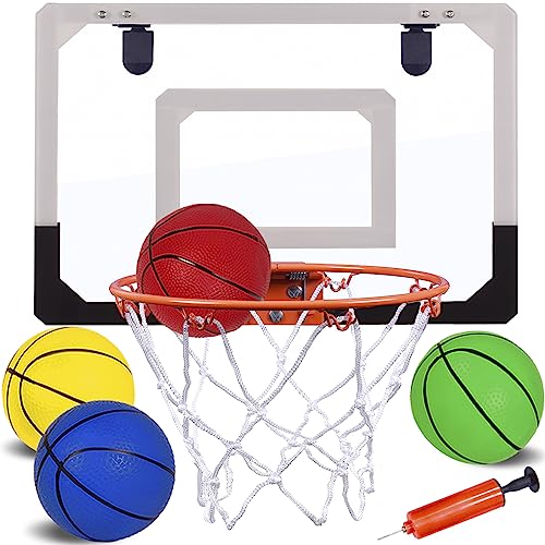 Indoor Mini Basketball Hoop for Kids, Over The Door Basketball Hoop Indoor with 4 Balls & Inflator, Basketball Toys Gifts for 6 7 8 9 10 11 12 Year Old Boys