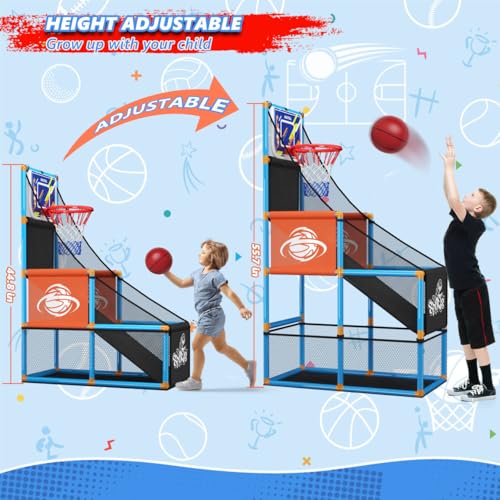 Arcade Basketball Game Set Boy Toys: Indoor Basketball Hoop with 4 Balls Outdoor Sports Toy for Kids 3-12 Years Old Adjustable Height with Air Pump Kid Party Games Birthday Gifts for Boys Girls Teens - style: Blue Standard Basketball Hoop