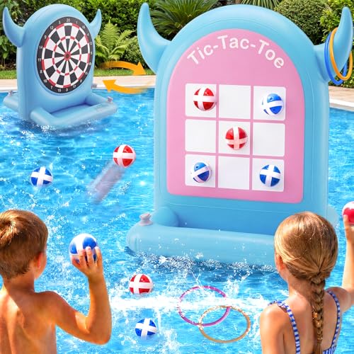 Pool Games Toys Set 3-in-1 Outdoor Water Toys with Throwing Balls & Ring Toss Inflatable Pool Toys for Kids Ages 4-8 Teens Adults Swimming Pool for Yard Beach Party Outdoor Games (Blue) - color: Blue