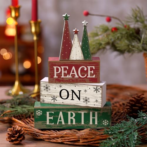 Lineshading 4 Pcs Christmas Table Decoration Wooden Christmas Tree Sign Winter Tiered Tray Decor Decorative Red Green and White Tree Block Signs Xmas Table Centerpiece Farmhouse Decor for Home Kitchen - style: Christmas Tree