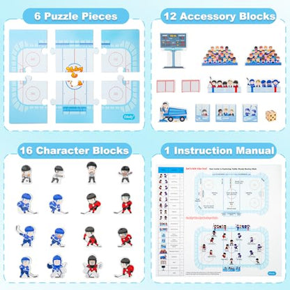 2-in-1 Hockey Board Game & Blocks Playset, Wooden Hockey Figurines with Assembly Rink or Roll and Move Game, Mini Hockey Figures, Winter Sports Toy for Kids, Toddlers & Families