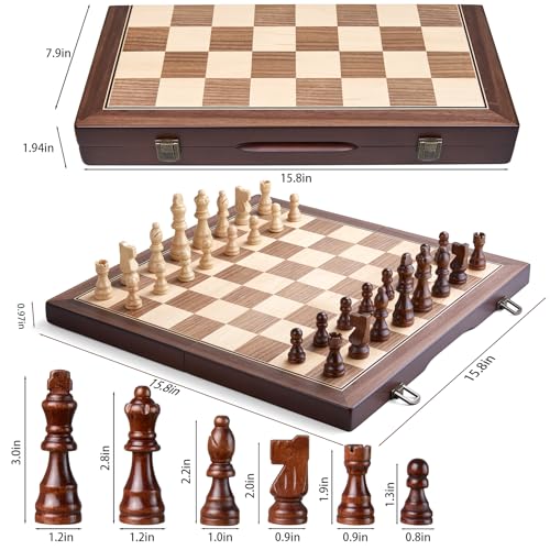 AMEROUS 15'' Magnetic Wooden Chess Set for Adults Kids - with Folding Board, Gift Package, Pieces Storage Slots, Handmade Pieces,Chess Board Game Set for Tournament Professional Beginner - size: 15 inches