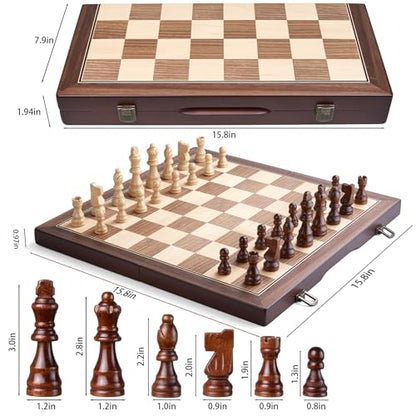 AMEROUS 15'' Magnetic Wooden Chess Set for Adults Kids - with Folding Board, Gift Package, Pieces Storage Slots, Handmade Pieces,Chess Board Game Set for Tournament Professional Beginner - size: 15 inches