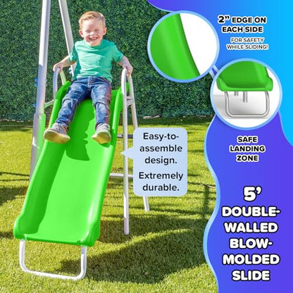 Sportspower Super Saucer Hoop and Swing Outdoor Backyard Swing Set with Basketball Hoop, Saucer Swing, Sling Swing, 5-ft Double-Walled Blow Molded Slide, and Bonus Anchor Kit – White/Silver