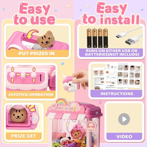 Unicorn Claw Machine for Kids, Arcade Prize Grabber with 20 Mini Plush Toys and 20 Capsules, 3-Lever Controls, Lights and Music, Gift for Ages 3 and Up - style: Unicorn