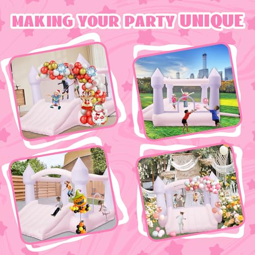 AKSPORT Inflatable Bounce House,White Castle Bounce House for Kids 3-6 Indoor & Outdoor Inflatable Bouncer House with Slide & Air Blower & Balloons for Kids Birthday Party,Wedding Party - style: 11.97x8.98x7.15ft-pink