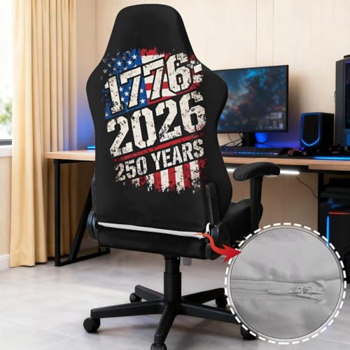 American Flag Print 4Pcs Gaming Chair Slip Cover Set United State 250th Anniversary Game Chair Cover with Armrest Covers, Universal Fit, Machine Washable - color: Black and Multi - American Flag