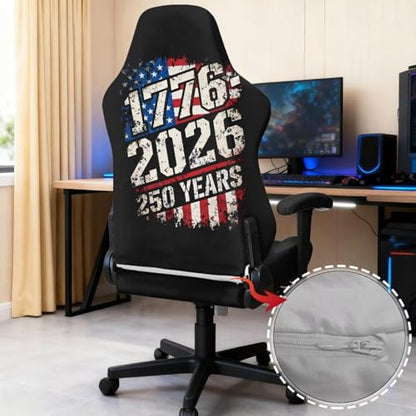American Flag Print 4Pcs Gaming Chair Slip Cover Set United State 250th Anniversary Game Chair Cover with Armrest Covers, Universal Fit, Machine Washable - color: Black and Multi - American Flag