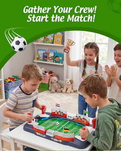 Soccer Board Game for Kids with 12 Countries Flag Stickers & 12 Star Player Figures – Interactive Foosball Table Game, Mini Pinball Sports Toy Boys Girls Birthday Family Party