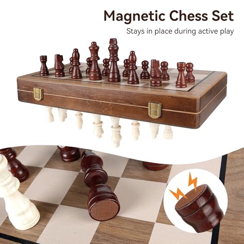 Hvygss 15 Inch Magnetic Chess Board, Foldable Wooden Chess Set with Checkers, Handcrafted Pieces with 2 Extra Queens, Portable Travel Board Game for Kids 6+ (Walnut Style, 15 Inch)