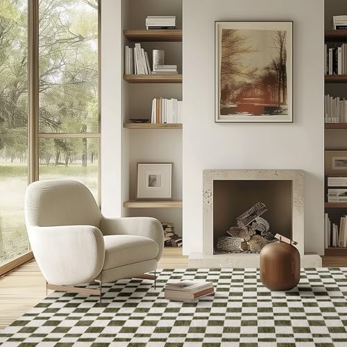 EVERGRACE Checkered Plaid Area Rug 5x7, Soft Faux Wool, Washable Christmas & Holiday Rug for Living Room, Bedroom, Hallway, Kitchen, Dining Room and Laundry, Olive Green - color: Olive Green, size: 5' x 7' (Rectangular)
