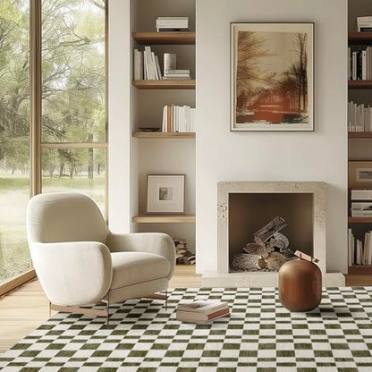 EVERGRACE Checkered Plaid Area Rug 5x7, Soft Faux Wool, Washable Christmas & Holiday Rug for Living Room, Bedroom, Hallway, Kitchen, Dining Room and Laundry, Olive Green - color: Olive Green, size: 5' x 7' (Rectangular)