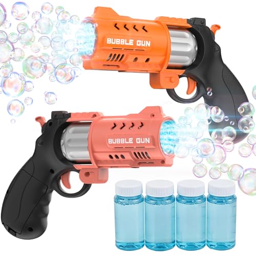 EagleStone 2 Pack Revolver Bubble Guns for Kids, Swing-Out Cylinder, 8000+ Bubbles/Min, LED Light Up, 4 Bubble Solution Bottles, Outdoor Indoor Toy, Birthday Easter Gifts for Toddlers - color: Orange，pink