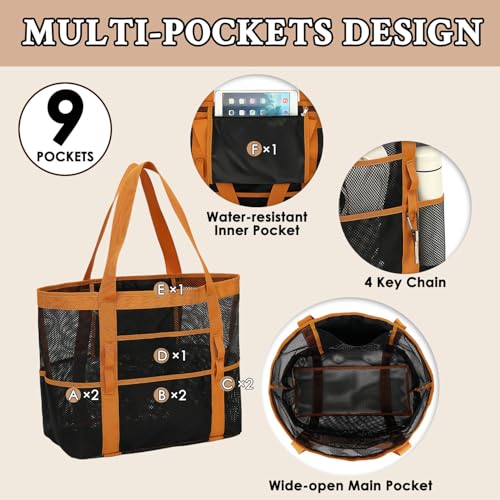 GYEUKHAM Mesh Beach Bag for Women, Sand-Resistant Pool Tote, 9 Pockets (1 Inner Zip), Foldable Family Travel Essentials - color: L-black2#