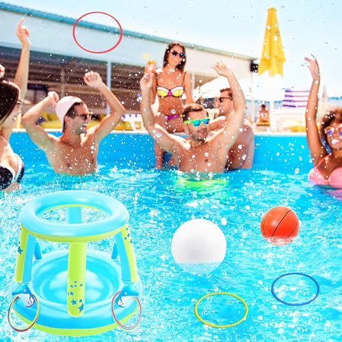 Jasonwell Pool Toys Games Set - 3 in 1 Pool Volleyball Net Basketball Hoop Ring Toss Game Inflatable Floats Water Floating Volleyball Swimming Pools Games Party Gift for Kids Adults (Blue&Yellow, XL) - color: Blue&yellow, size: X-Large