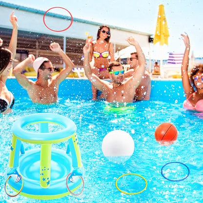 Jasonwell Pool Toys Games Set - 3 in 1 Pool Volleyball Net Basketball Hoop Ring Toss Game Inflatable Floats Water Floating Volleyball Swimming Pools Games Party Gift for Kids Adults (Blue&Yellow, XL) - color: Blue&yellow, size: X-Large