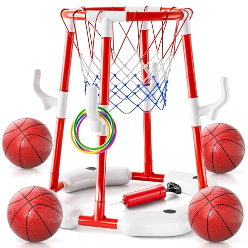 Pool Basketball Hoop Toys for Kids Ages 4-8 8-12 & Adult, Summer Outdoor Swimming Pool Games Water Play Toys Family Party for Kids, 2 in1 Pool Basketball Hoop & Ring Game with 4 Balls 12 Rings & Pump - style: 2-in-1 Pool Basketball Hoop（Red）