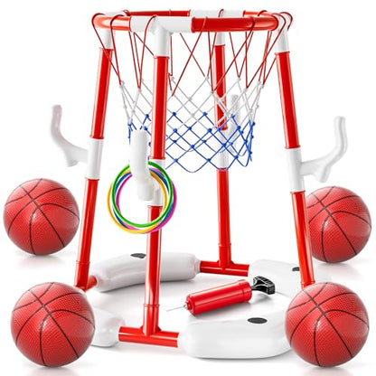 Pool Basketball Hoop Toys for Kids Ages 4-8 8-12 & Adult, Summer Outdoor Swimming Pool Games Water Play Toys Family Party for Kids, 2 in1 Pool Basketball Hoop & Ring Game with 4 Balls 12 Rings & Pump - style: 2-in-1 Pool Basketball Hoop（Red）