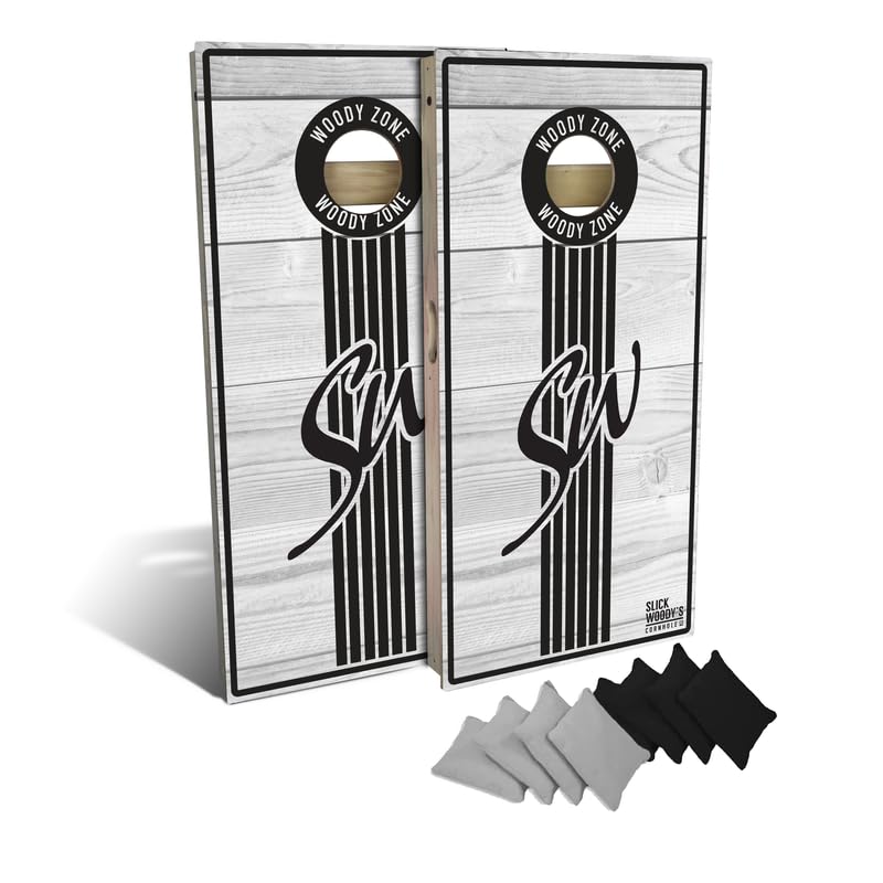 Slick Woody's Professional-Grade Cornhole Boards - 4'x2' Solid Wood Regulation Woodgrain Flag Bean Bag Toss Game with 8 Resin Filled Bags - color: Woody Zone