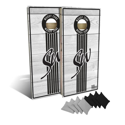 Slick Woody's Professional-Grade Cornhole Boards - 4'x2' Solid Wood Regulation Woodgrain Flag Bean Bag Toss Game with 8 Resin Filled Bags - color: Woody Zone