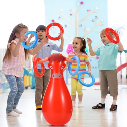 Arrowbash Inflatable Bull Ring Toss Game Set Include Inflatable Bull 6 Rings Farm Theme Party Supplies for Fiesta Rodeo Party Pool Beach Decoration
