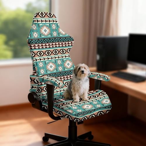 Suobstales Aztec American Tribal Pattern Gaming Chair Cover, Stretchy 4 Pcs Ergonomic Office Computer Game Chair Slipcovers with Armrest Covers/Back Covers/Seat Cover for Reclining Racing Gaming Chair - color: Aztec American Tribal