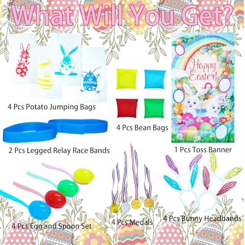 27 Pack Easter Outdoor Party Games for Kids, 4 Bunny Potato Sack Race Jumping Bags, 4 Egg and Spoon Games, Toss Banner and 4 Bean Bags, Legged Relay Race Bands, Easter Games Prizes Supplies