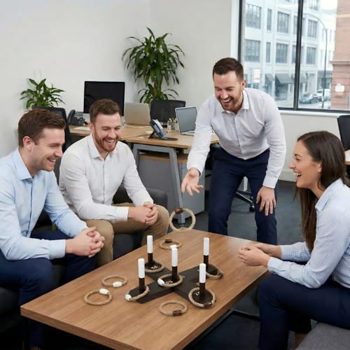Leitee Mini Tabletop Ring Toss Game for Adults, Portable Wooden Desktop Ring Toss Set with Cross Base, 5 Scoring Pegs, 6 Rope Rings and Carry Bag for Indoor Office, Home, Parties and Travel