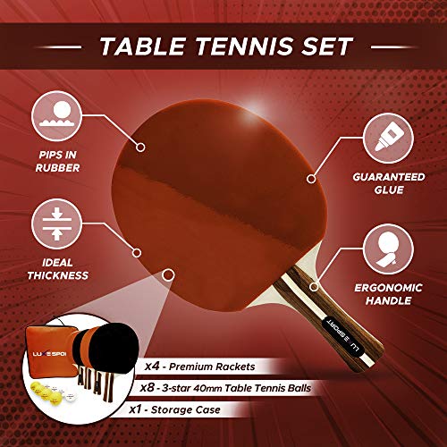 Ping Pong Paddle Set of 4 -Full Table Tennis Bundle includes 4 Ping Pong Paddles, 8 Three Star Balls, Portable Storage Travel Bag/Case - Racket Kit 2 or 4 Players - Recreational Indoor/Outdoor Games