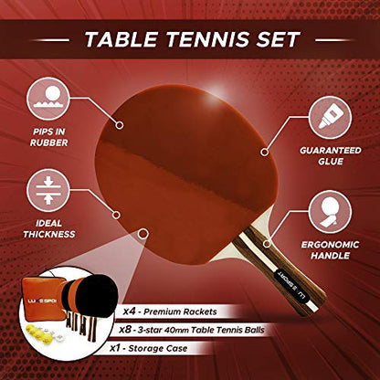Ping Pong Paddle Set of 4 -Full Table Tennis Bundle includes 4 Ping Pong Paddles, 8 Three Star Balls, Portable Storage Travel Bag/Case - Racket Kit 2 or 4 Players - Recreational Indoor/Outdoor Games