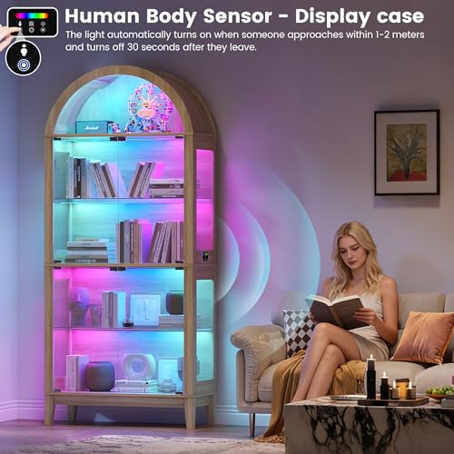 Gurexl 5-Tier Arched Glass Display Cabinet, Motion Sensor RGB LED Showcase with Music Sync Light & Adjustable Shelves, Tempered Glass Curio Cabinet for Action Figures Trophies Collectibles, Wood - color: Wood-80008a