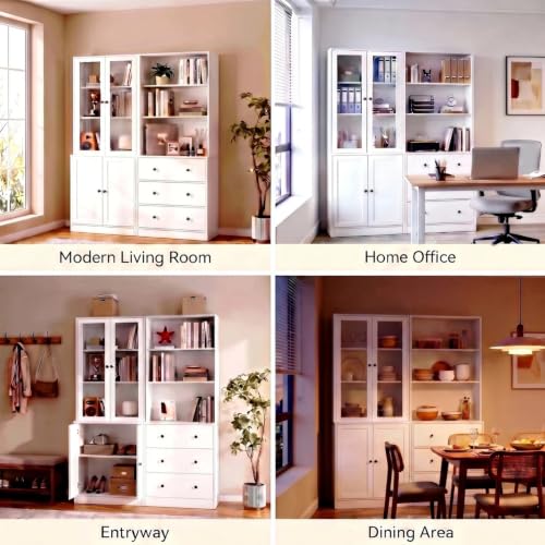 TUSY 71" H Bookshelf with Storage, 6-Tier Modern Bookshelves with 3 Large Drawer, Display Bookcase with Glass Doors, Modern 5-Tier Curio Cabinet for Home Office, Dining Room (White, AB) - color: White