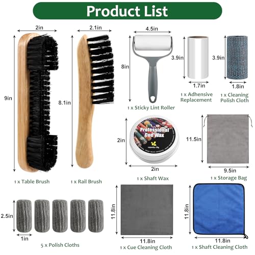 Pool Table Brush Set, 14pcs Billiard Table Felt and Cue Cleaning Accessories with 2 Wooden Brushes, Cue Cleaning Cloth, Ferrule Polish Cloth, Shaft Wax, Towel Burnisher and Sticky Lint Roller