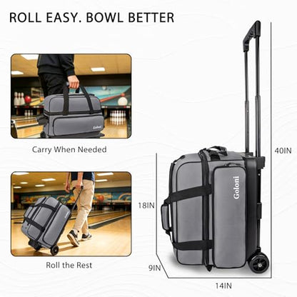 Goloni Double Roller 2 Ball Bowling Bag with Separate Shoe Compartment,2 Ball Bowling Bag with Wheels,Retractable Handle Extends to 40" - color: Grey