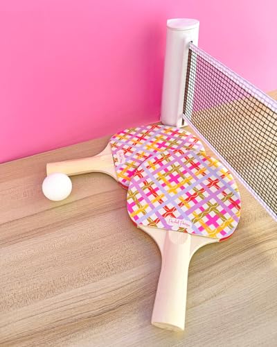 Packed Party Game Set Match Table Tennis Set – 2 Multicolor Plaid Wooden Paddles, 3 Balls, and Retractable Net for Any Table, 6-Piece Complete Set